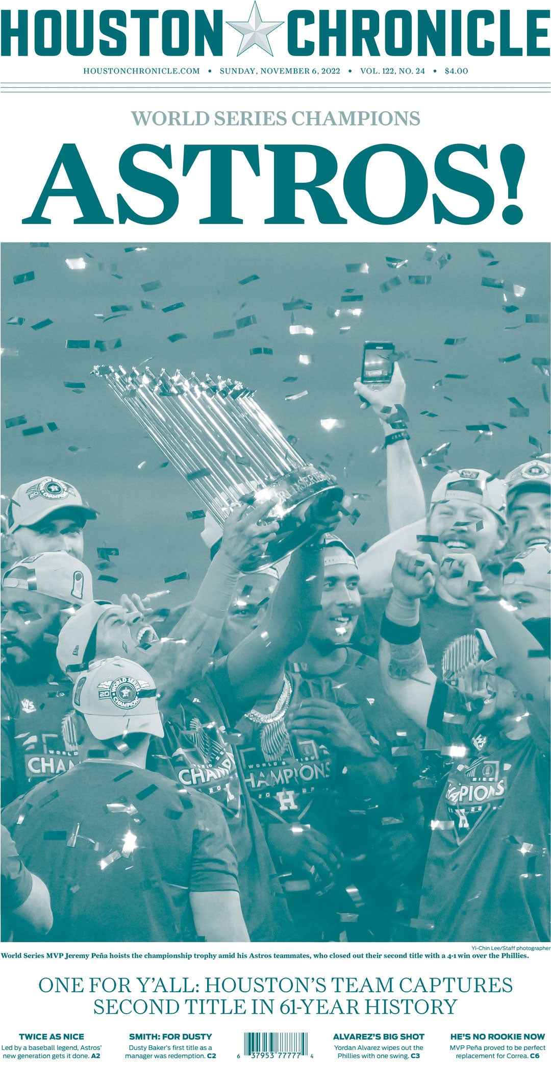 2022 "ASTROS!" Frameable Press Plate -  Front-Page Reproduction (11"x22")